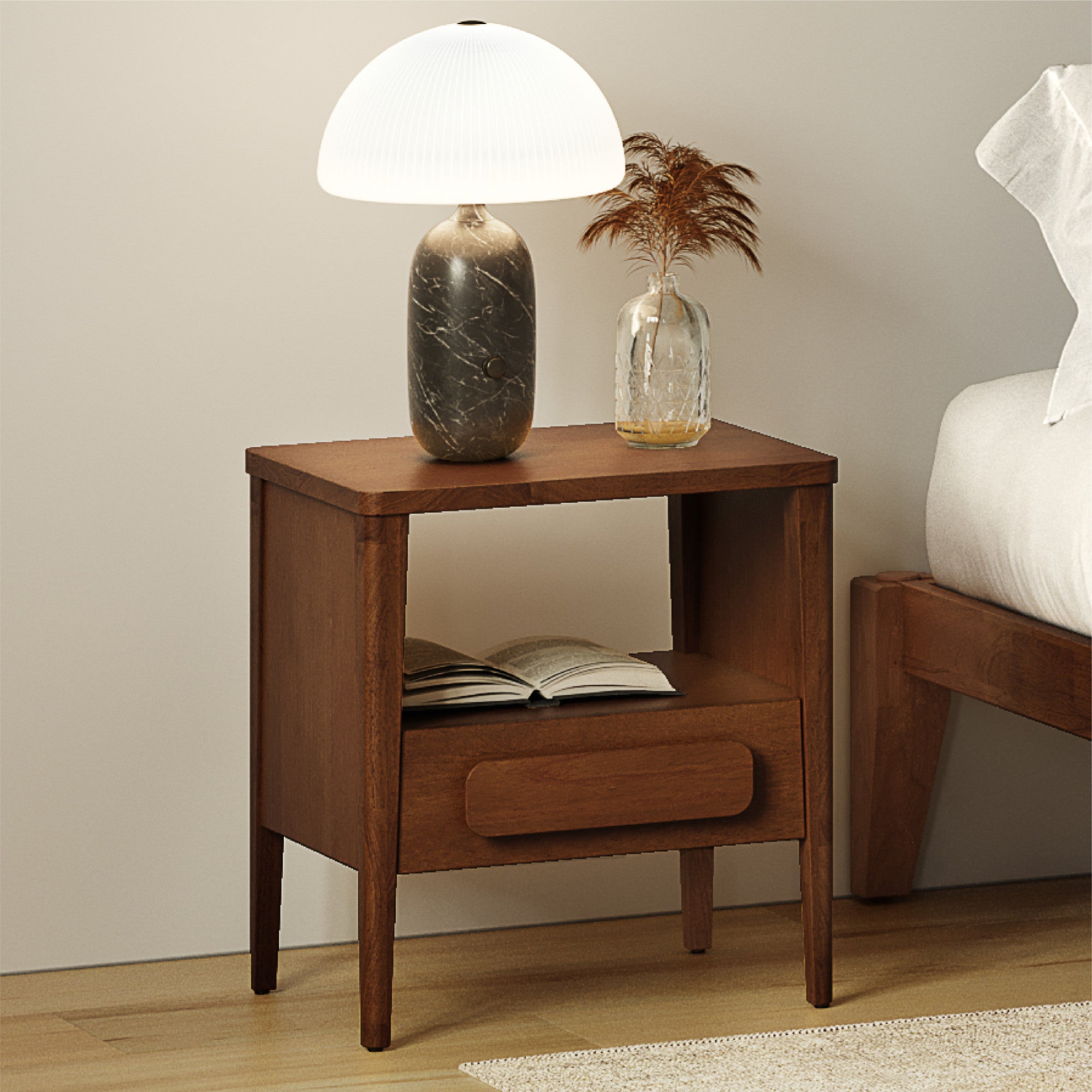 Thor Minimalist Wooden Nightstand with Drawer & Open Cubby (Walnut
