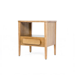 Wooden side table with a drawer on a white background