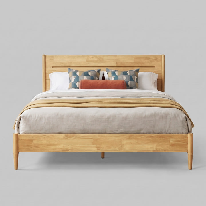 Apollo Mid-Century Modern Bed Frame with Headboard & Drop-N-Lock Joints (Light Oak Finish)