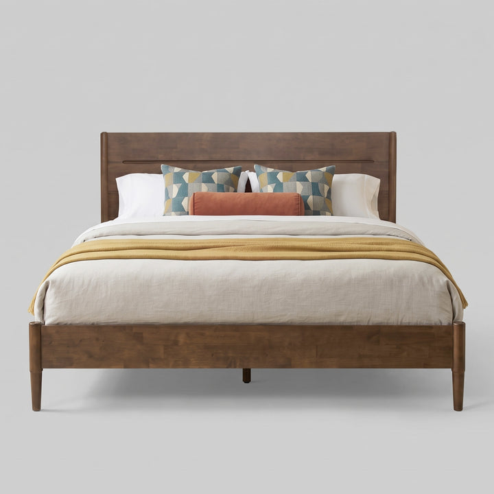 Apollo Mid-Century Modern Bed Frame with Headboard & Drop-N-Lock Joints (Walnut Finish)
