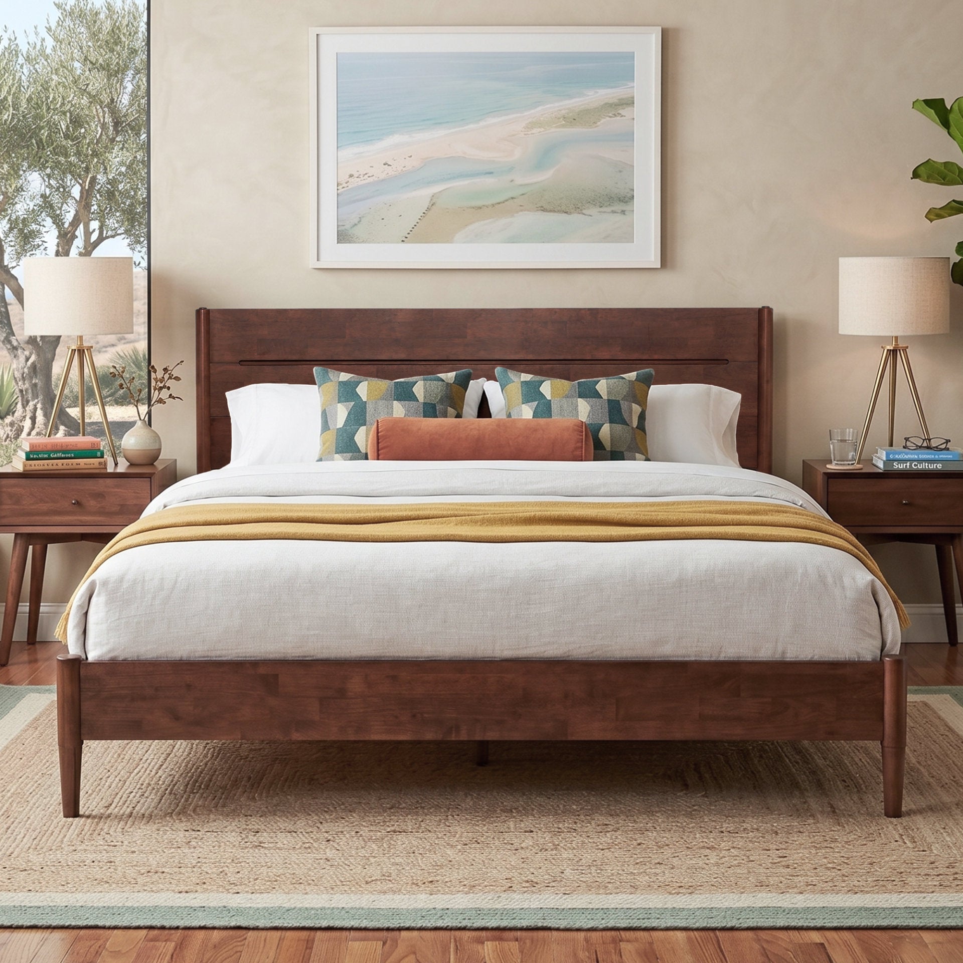 Apollo Mid-Century Modern Bed Frame with Headboard & Drop-N-Lock Joints (Mahogany Finishes)