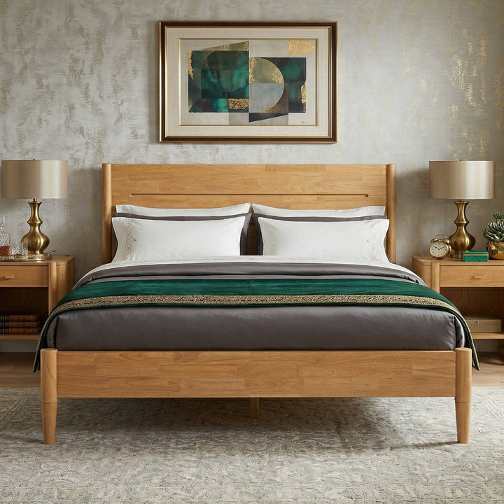 Apollo Mid-Century Modern Bed Frame with Headboard & Drop-N-Lock Joints (Light Oak Finish)