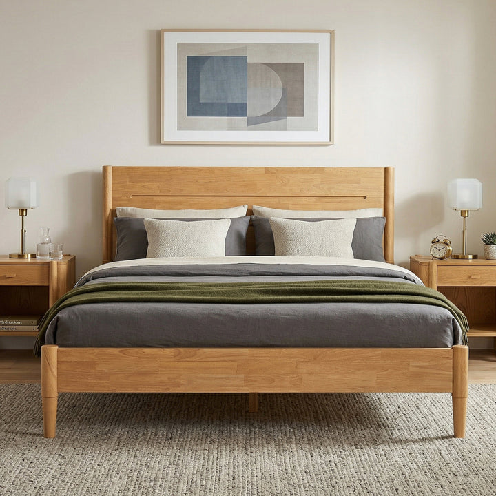 Apollo Mid-Century Modern Bed Frame with Headboard & Drop-N-Lock Joints (Light Oak Finish)