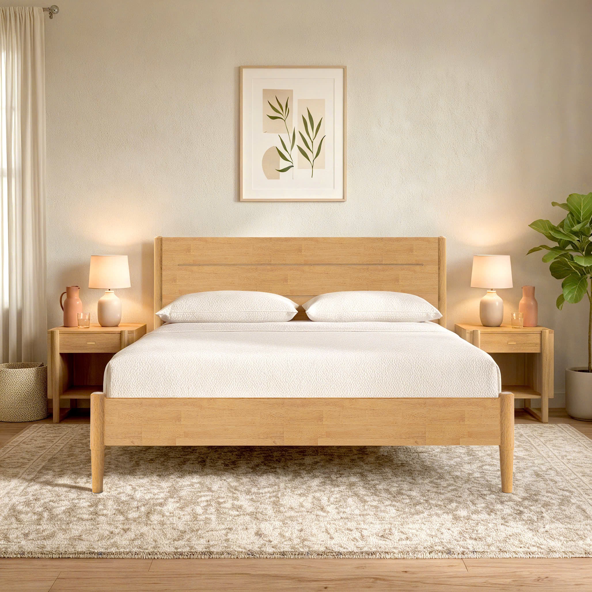 Apollo Mid-Century Modern Bedroom Set, 1 Solid Wood Bed Frame and 2 Bedside Tables