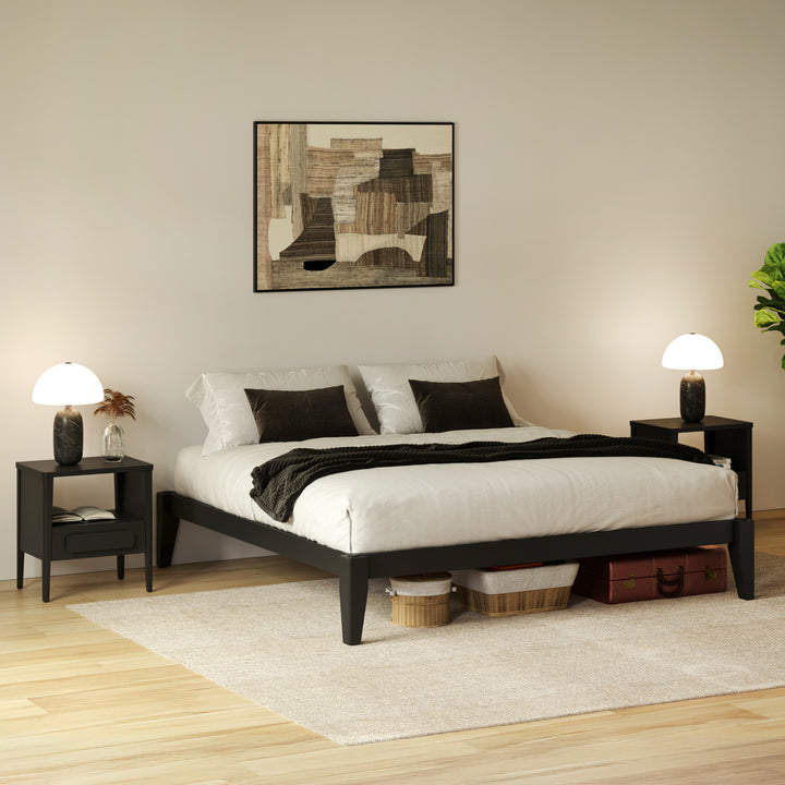 Thor Japanese Style 3-Piece Bedroom Set, 1 Bed Frame & 2 Nightstands (Black Charcoal Finish)