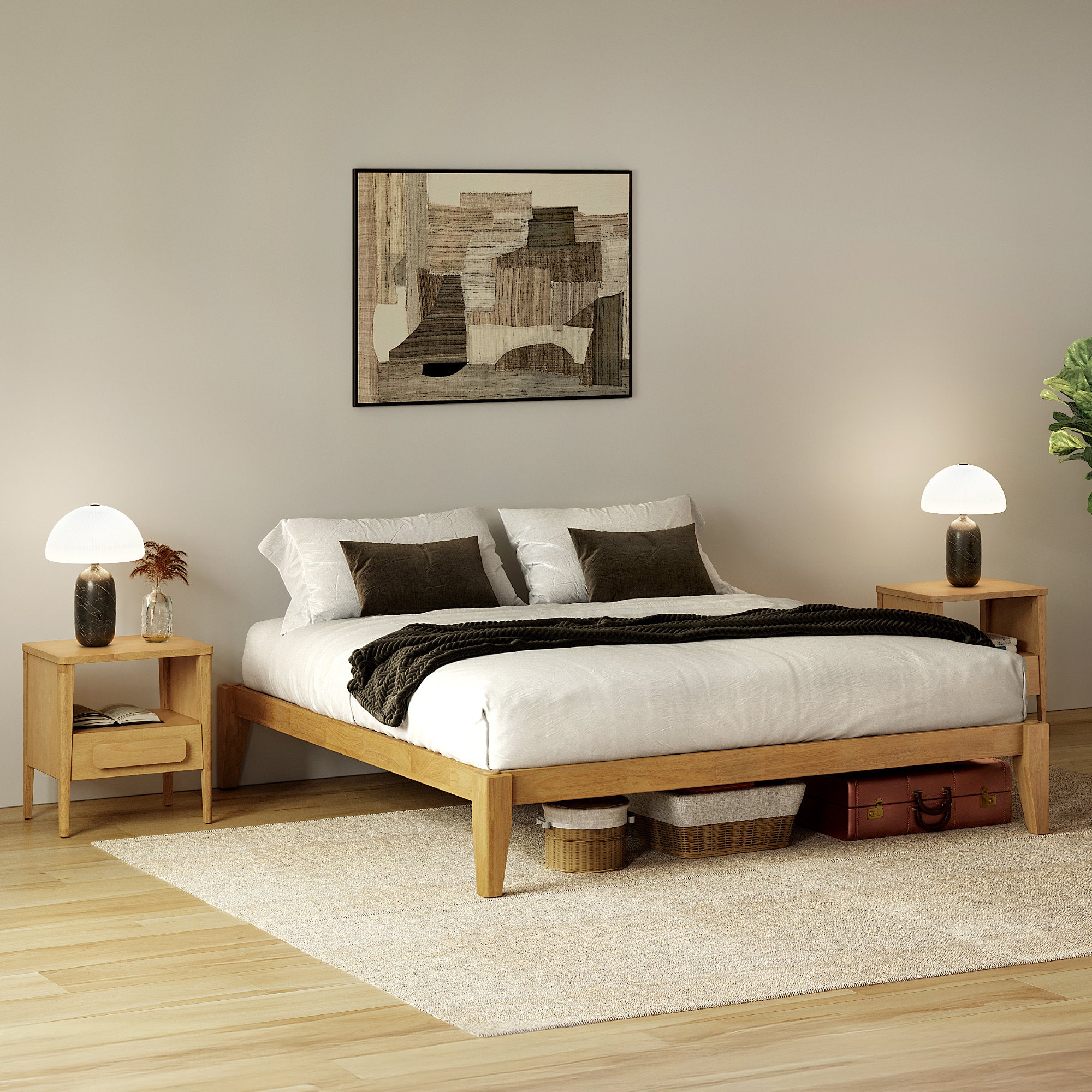 Thor Japanese Style Bedroom Sets - Multi Colors, 1 Japanese Joinery Bed Frame & 2 Wood Nightstands