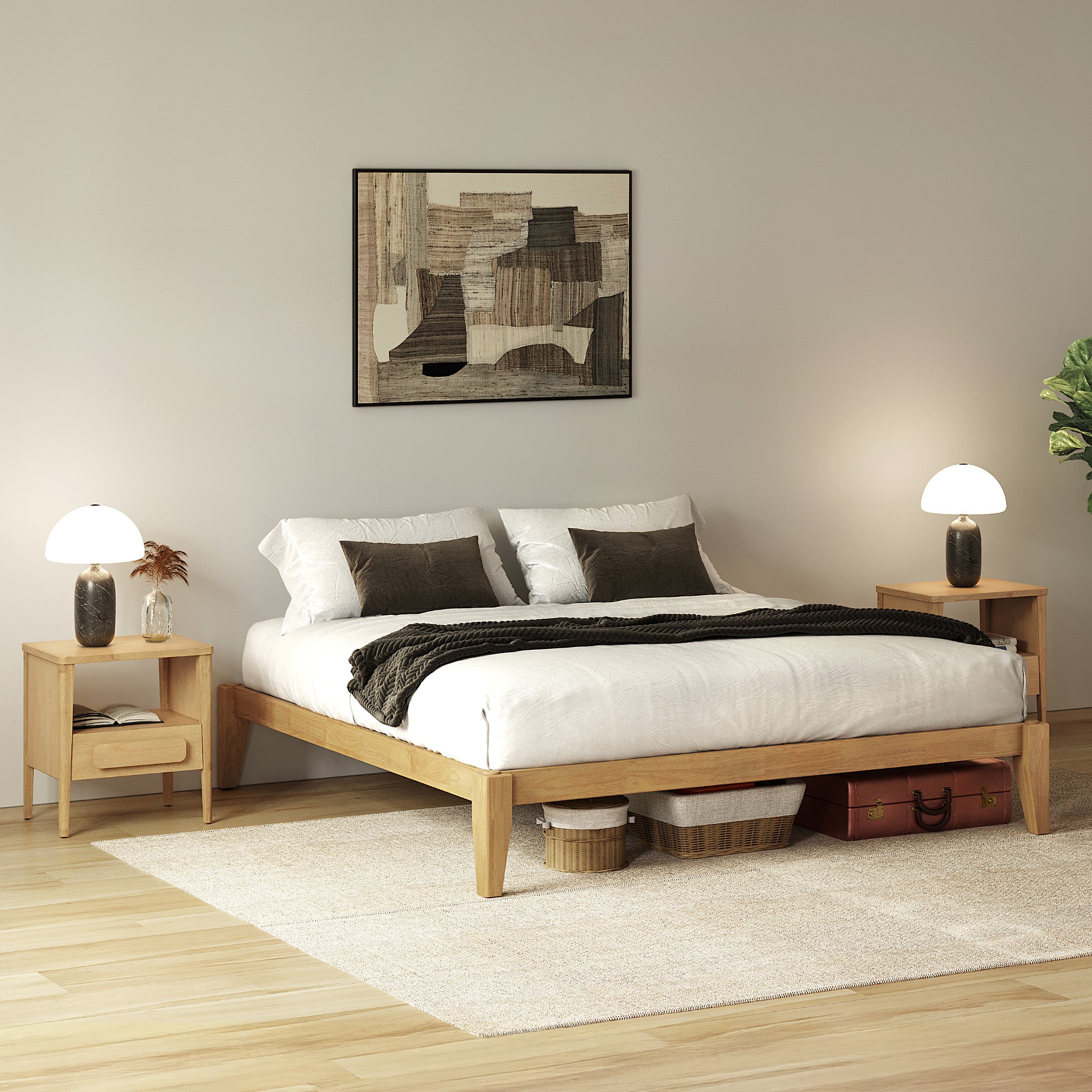 Thor Japanese Style Bedroom Set, 3 Piece Light Oak Finish (1 Bed Frame & 2 Nightstands)