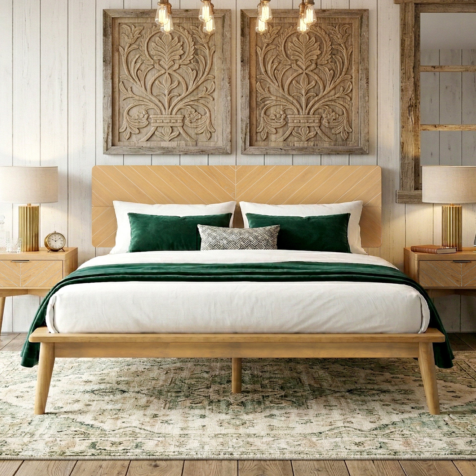 Loki Mid-Century Modern Bed Frame with Chevron-Patterned Headboard (Light Oak Finish)