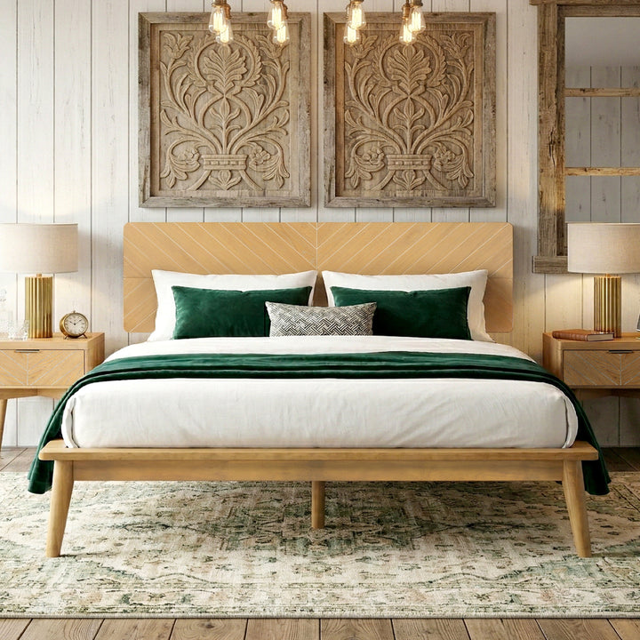 Loki Mid-Century Modern Bed Frame with Chevron-Patterned Headboard (Light Oak Finish)