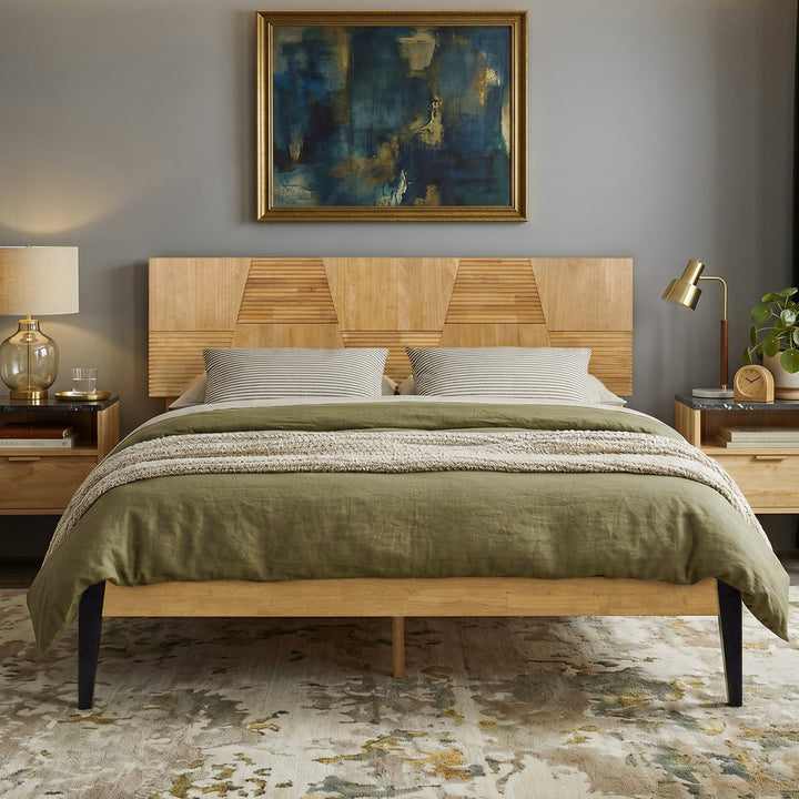 Nesto Mid-Century Modern Bed Frame with Fluted Geometric Headboard (Light Oak Finishes)