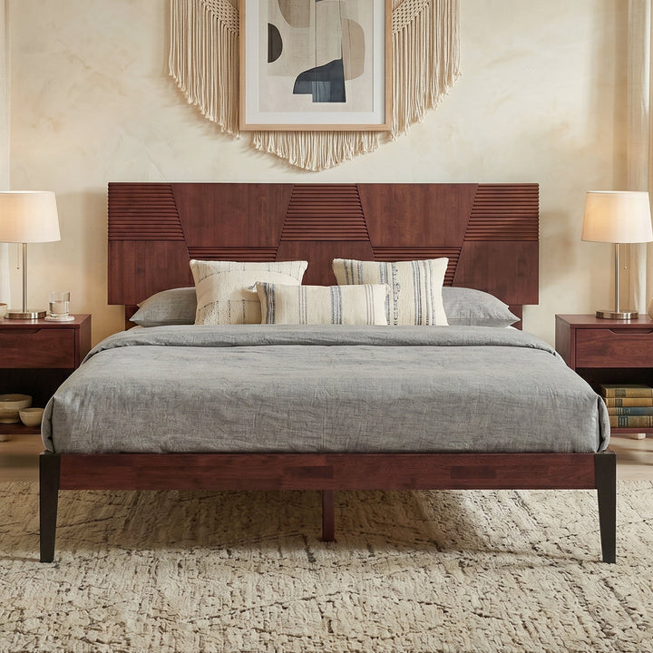Nesto Mid-Century Modern Bed Frame with Fluted Geometric Headboard (Mahogany Finish)