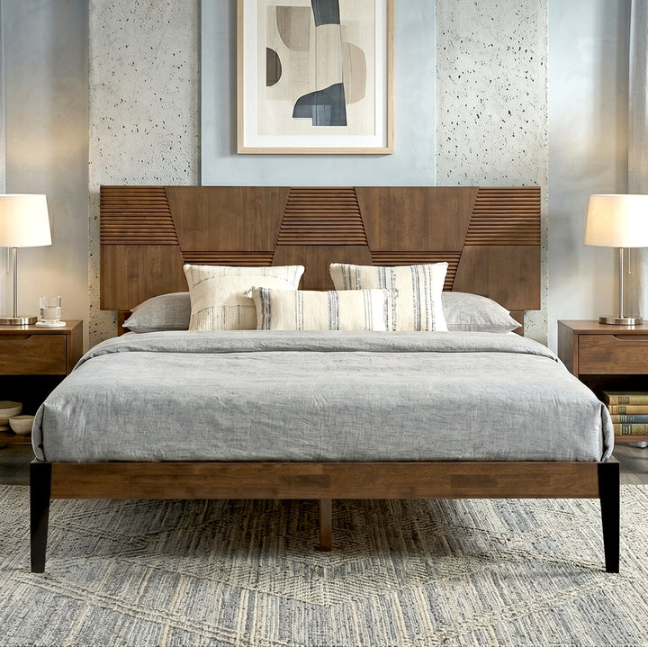 Nesto Mid-Century Modern Bed Frame with Fluted Geometric Headboard (Walnut Finish)