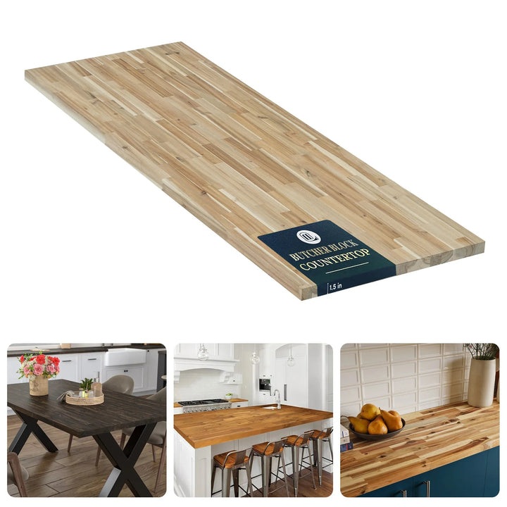 1.5 in. Thick Acacia Wood Butcher Block Counter Tops, Unfinished Solid Wood Slabs in Multiple Sizes