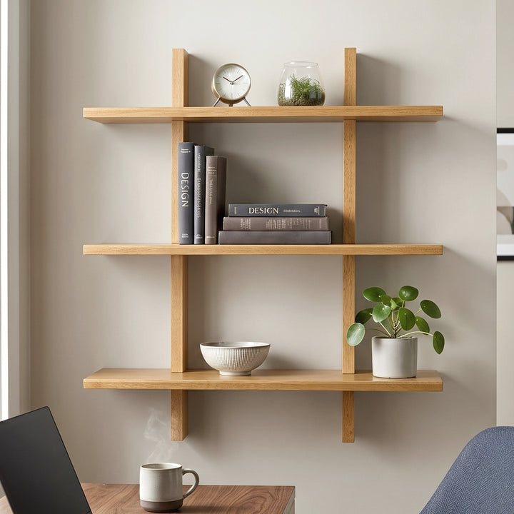 Shouji Solid Wood Floating Wall Shelf, Reversible Shelf (Single, Light Oak Finish)