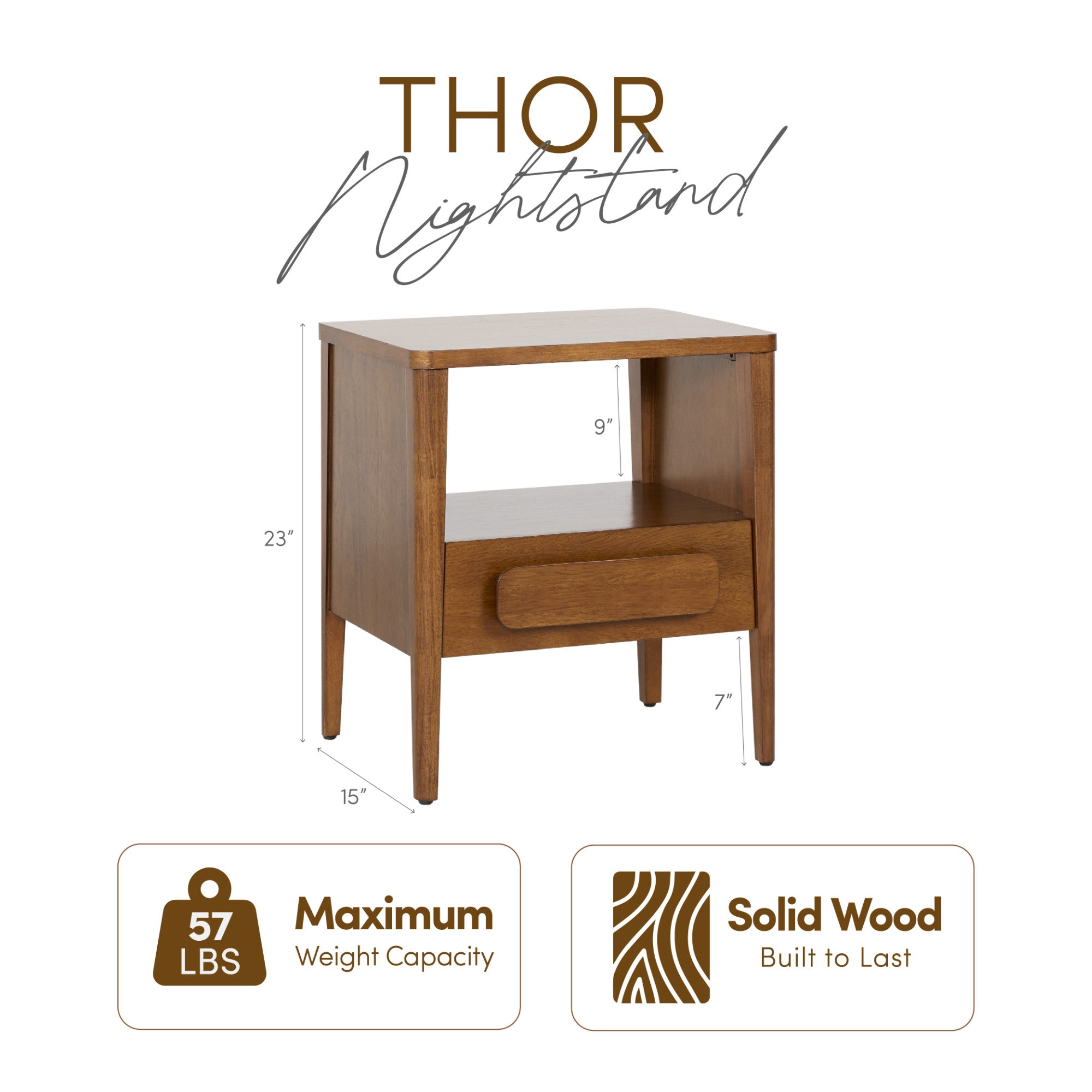 Thor Wood Nightstand 23-Inch Height (Walnut Finish)
