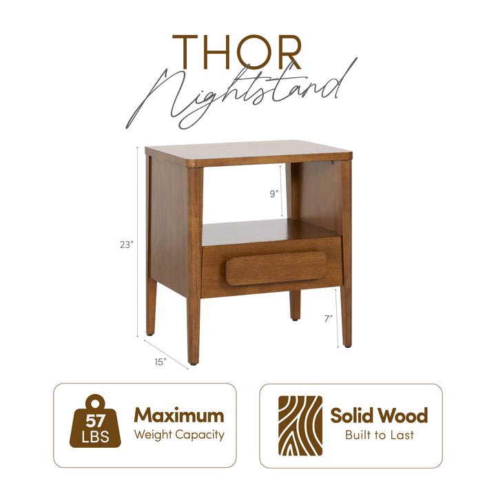 Thor Minimalist Wooden Nightstand with Drawer & Open Cubby (Walnut Finish)