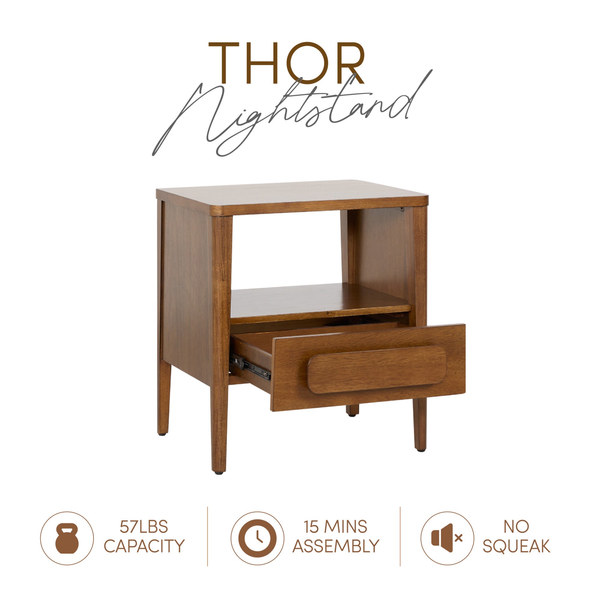 Thor Minimalist Wooden Nightstand with Drawer & Open Cubby (Walnut