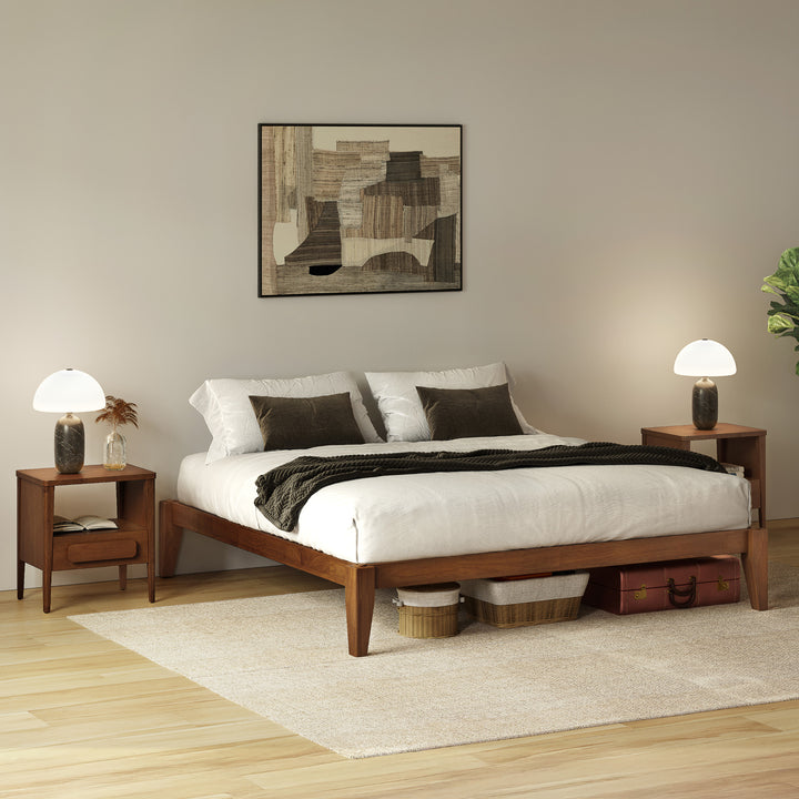 Thor Japanese Style 3-Piece Bedroom Set, 1 Bed Frame & 2 Nightstands (Walnut Finish)