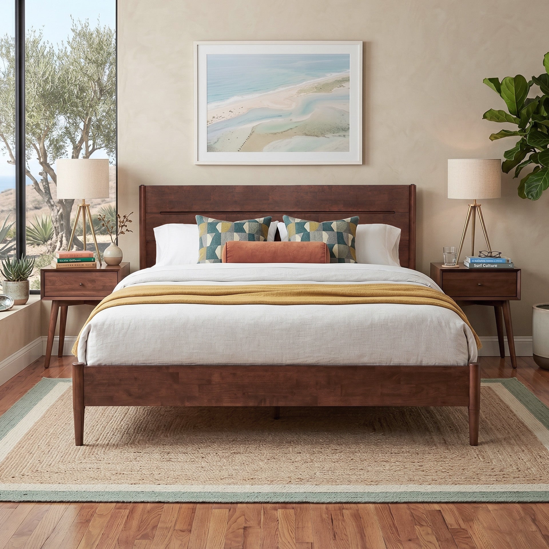 Apollo Mid-Century Modern Bed Frame with Headboard & Drop-N-Lock Joints (Mahogany Finishes)