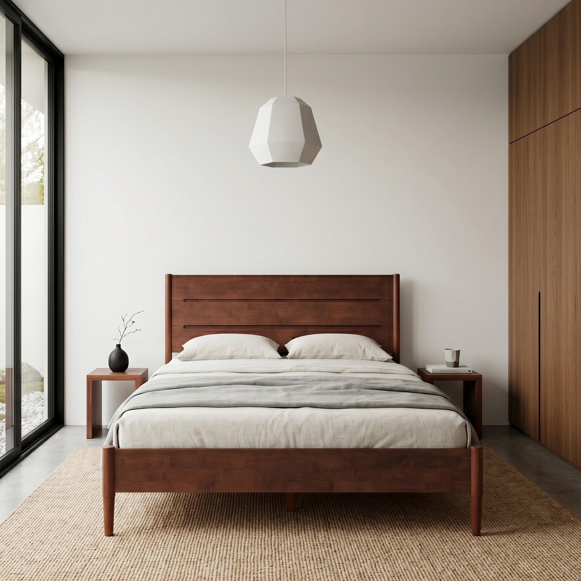 Apollo Mid-Century Modern Bed Frame with Headboard & Drop-N-Lock Joints (Mahogany Finishes)