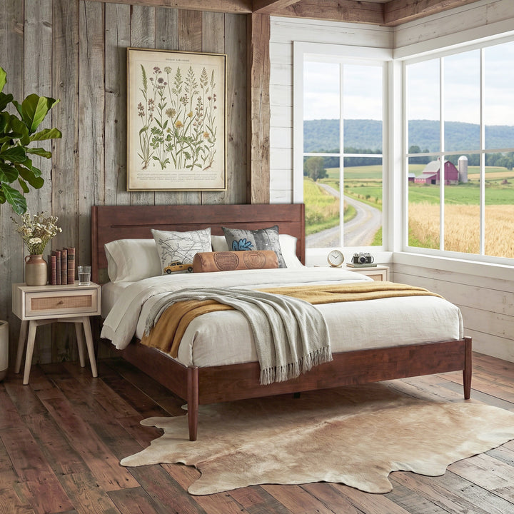 Apollo Mid-Century Modern Bed Frame with Headboard & Drop-N-Lock Joints (Mahogany Finish)