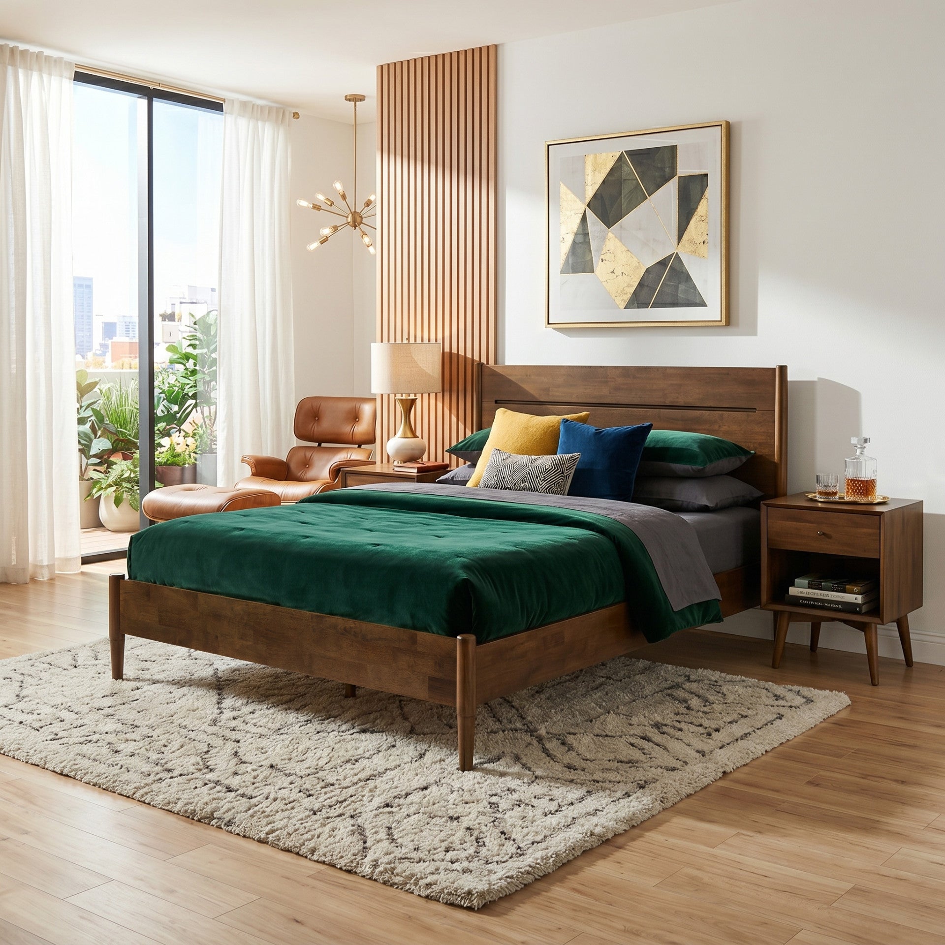Apollo Mid-Century Modern Bed Frame with Headboard & Drop-N-Lock Joints (Walnut Finish)