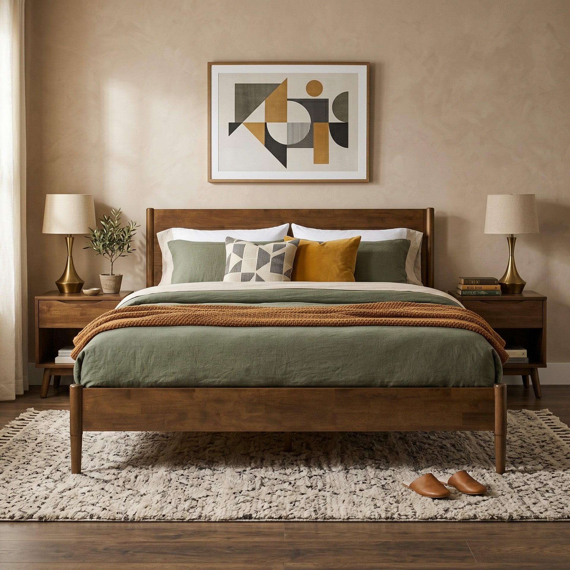 Apollo Mid-Century Modern Bed Frame with Headboard & Drop-N-Lock Joints (Walnut Finish)