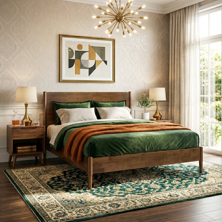 Apollo Mid-Century Modern Bed Frame with Headboard & Drop-N-Lock Joints (Walnut Finish)