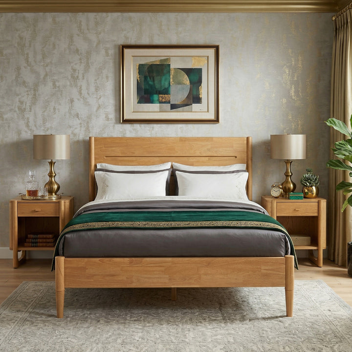 Apollo MCM Style 3-Piece Bedroom Set, 1 Bed Frame & 2 Nightstands (Light Oak Finish)