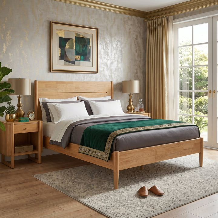 Apollo Mid-Century Modern Bed Frame with Headboard & Drop-N-Lock Joints (Light Oak Finish)