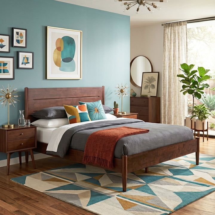 Apollo Mid-Century Modern Bed Frame with Headboard & Drop-N-Lock Joints (Mahogany Finish)