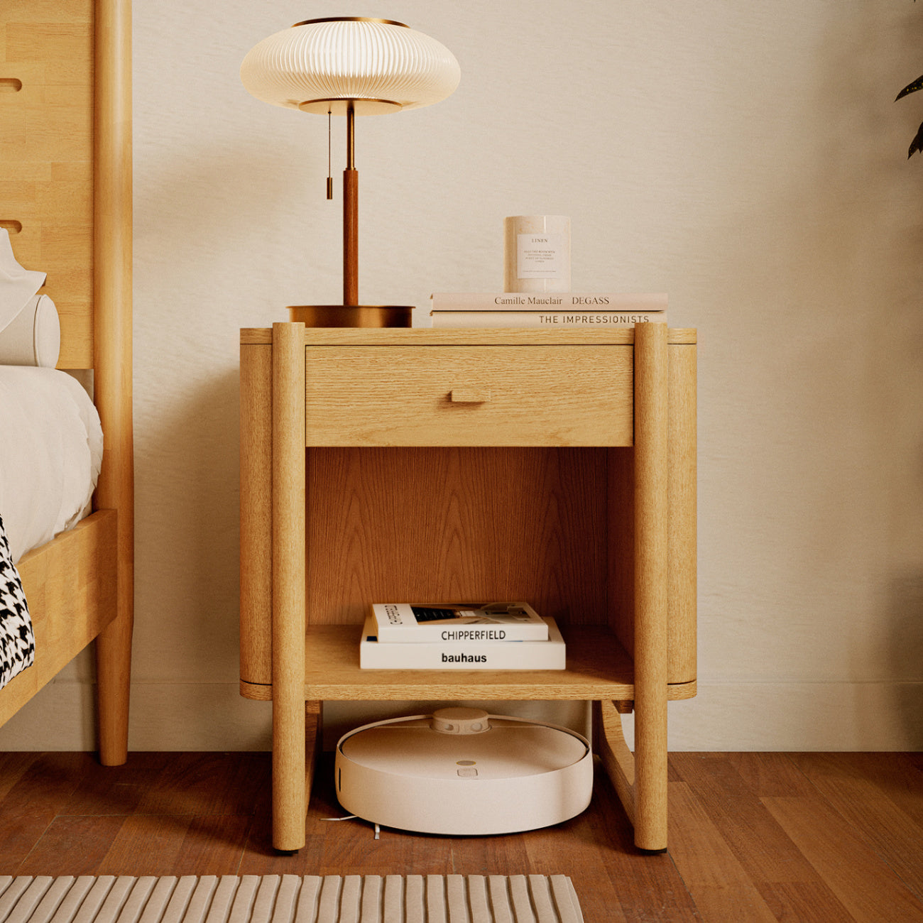Apollo Mid-Century Modern Wood Nightstand with Drawer (Light Oak Finish)