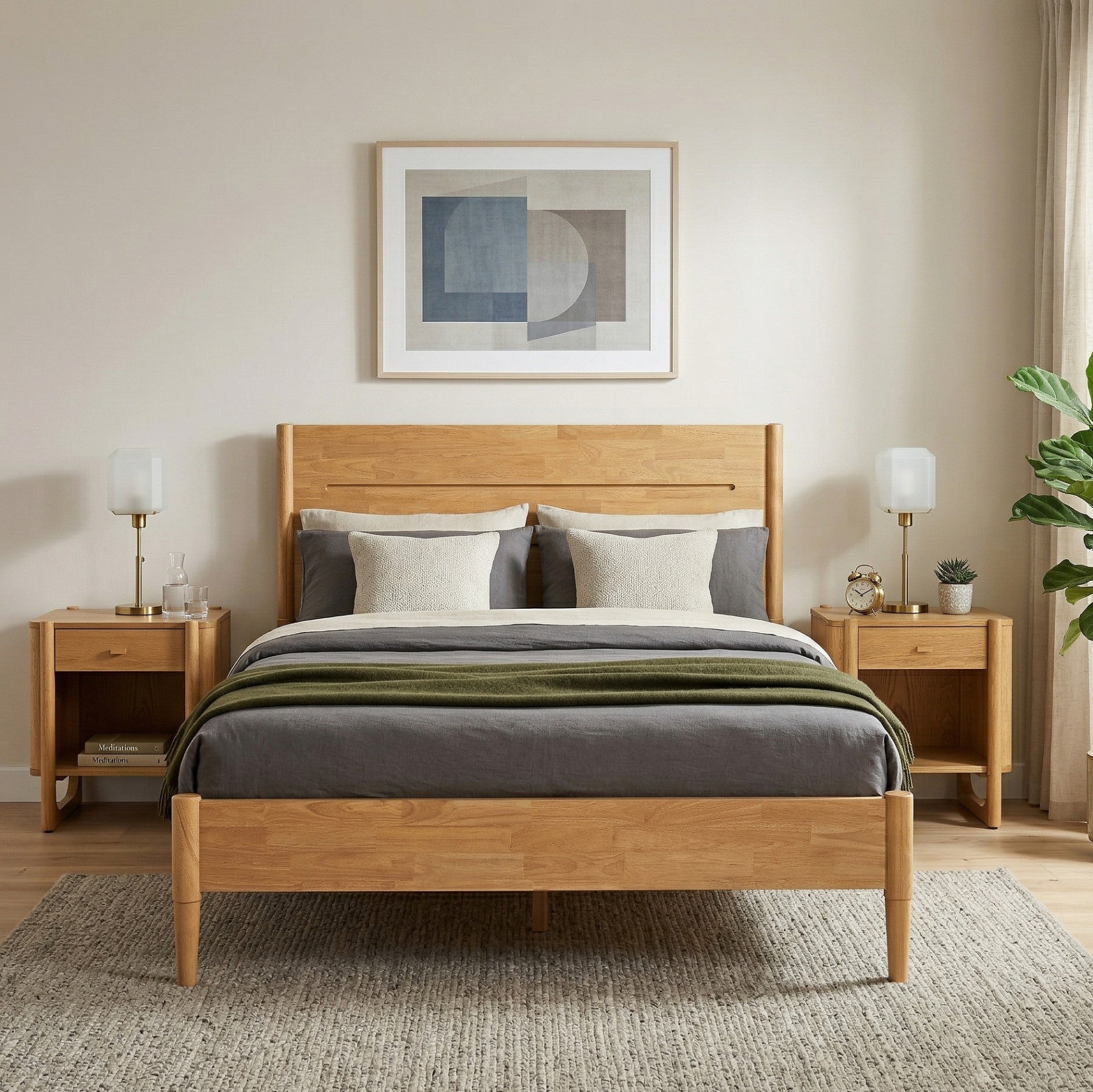 Apollo Mid-Century Modern Bed Frame with Headboard & Drop-N-Lock Joints (Light Oak Finish)