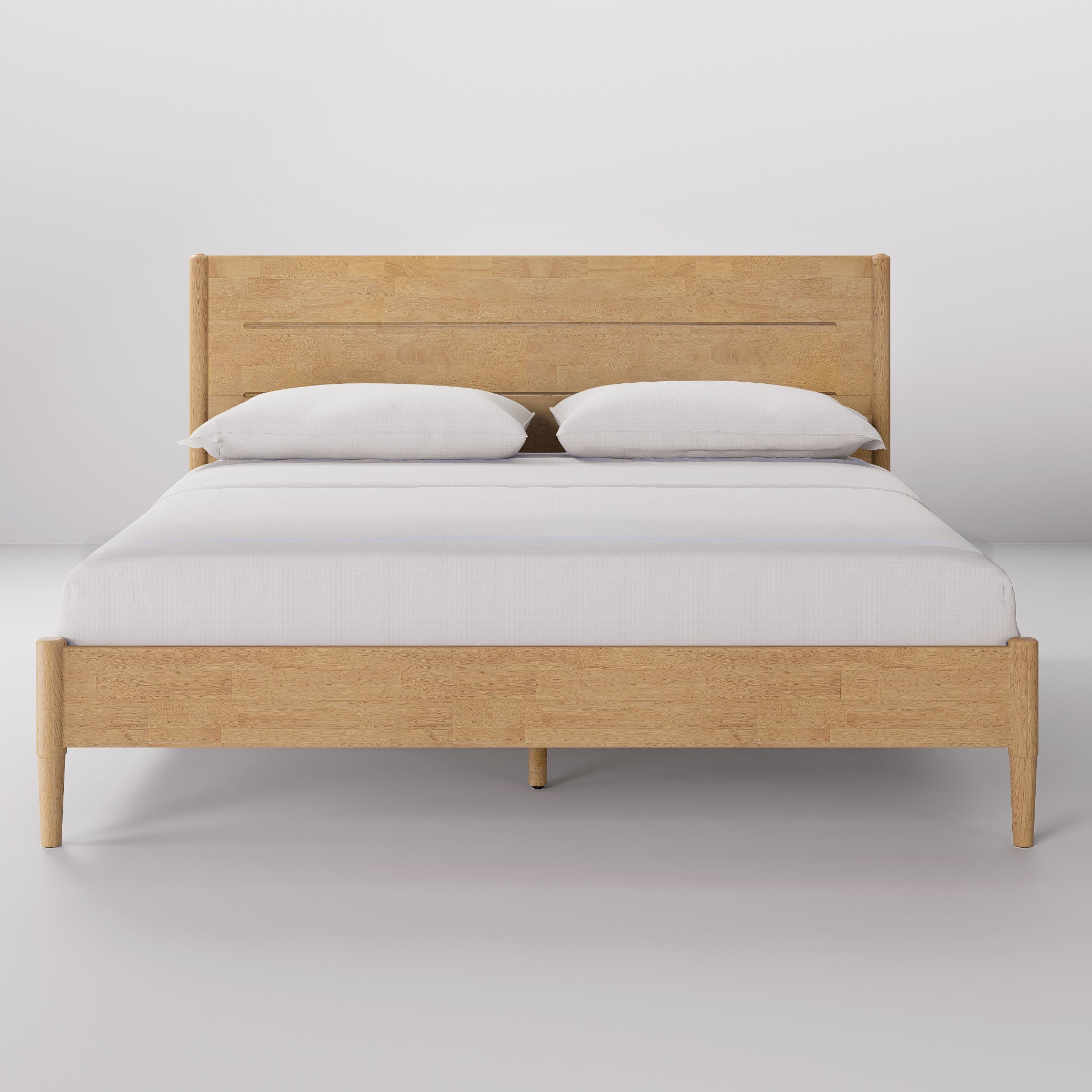 Apollo Mid-Century Modern Bed Frame with Headboard, Solid Wood, Light Oak Finish
