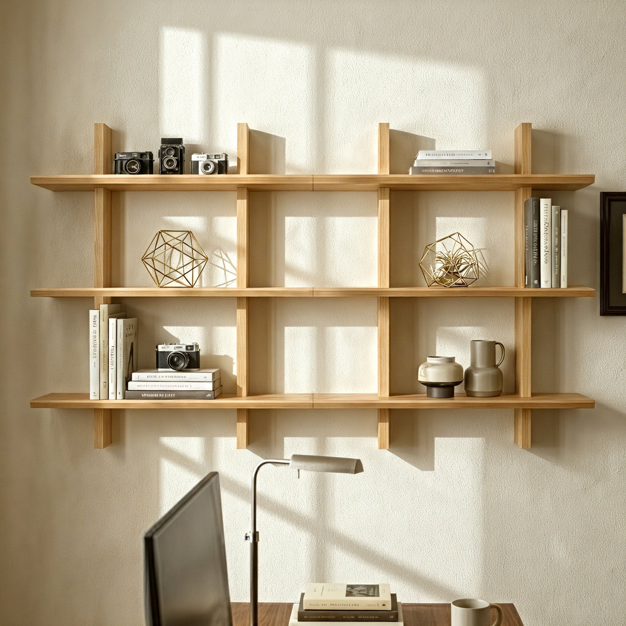 Shouji Solid Wood Floating Wall Shelves, Set of 2 (Light Oak Finish)