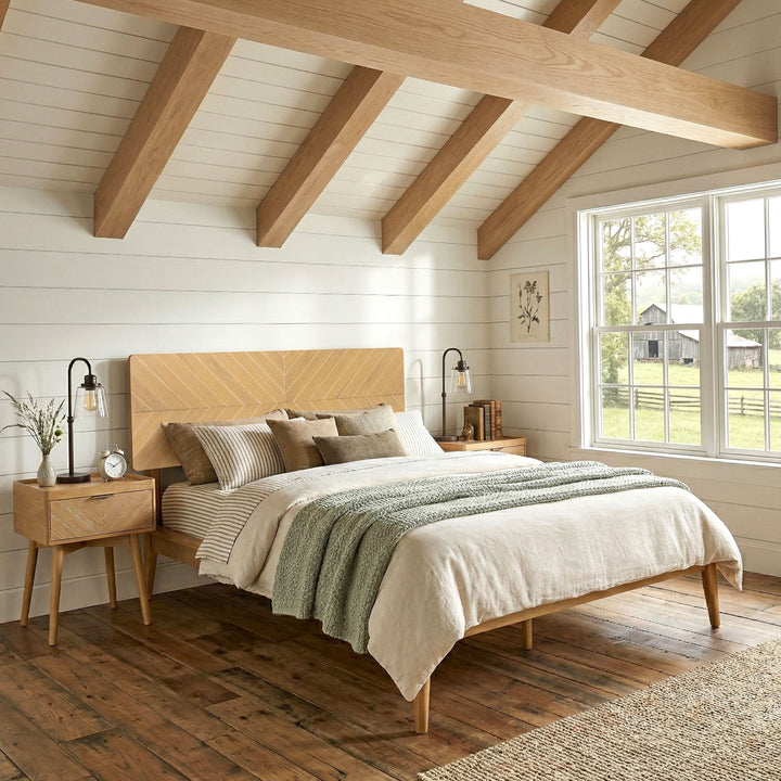 Loki Mid-Century Modern Bed Frame with Chevron-Patterned Headboard (Light Oak Finish)