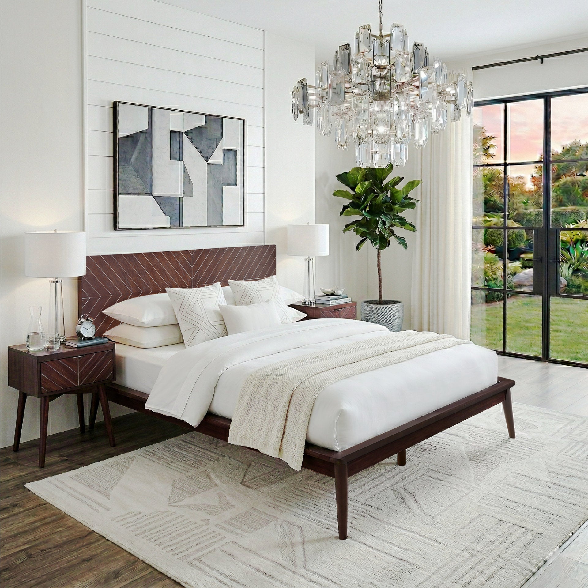 Loki Mid-Century Modern Bed Frame with Chevron-Patterned Headboard (Espresso Finish)