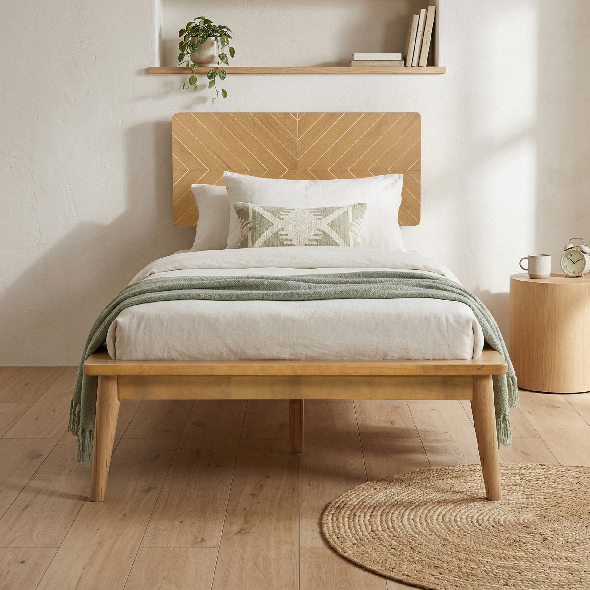 Loki Mid-Century Modern Bed Frame with Chevron-Patterned Headboard (Light Oak Finish)
