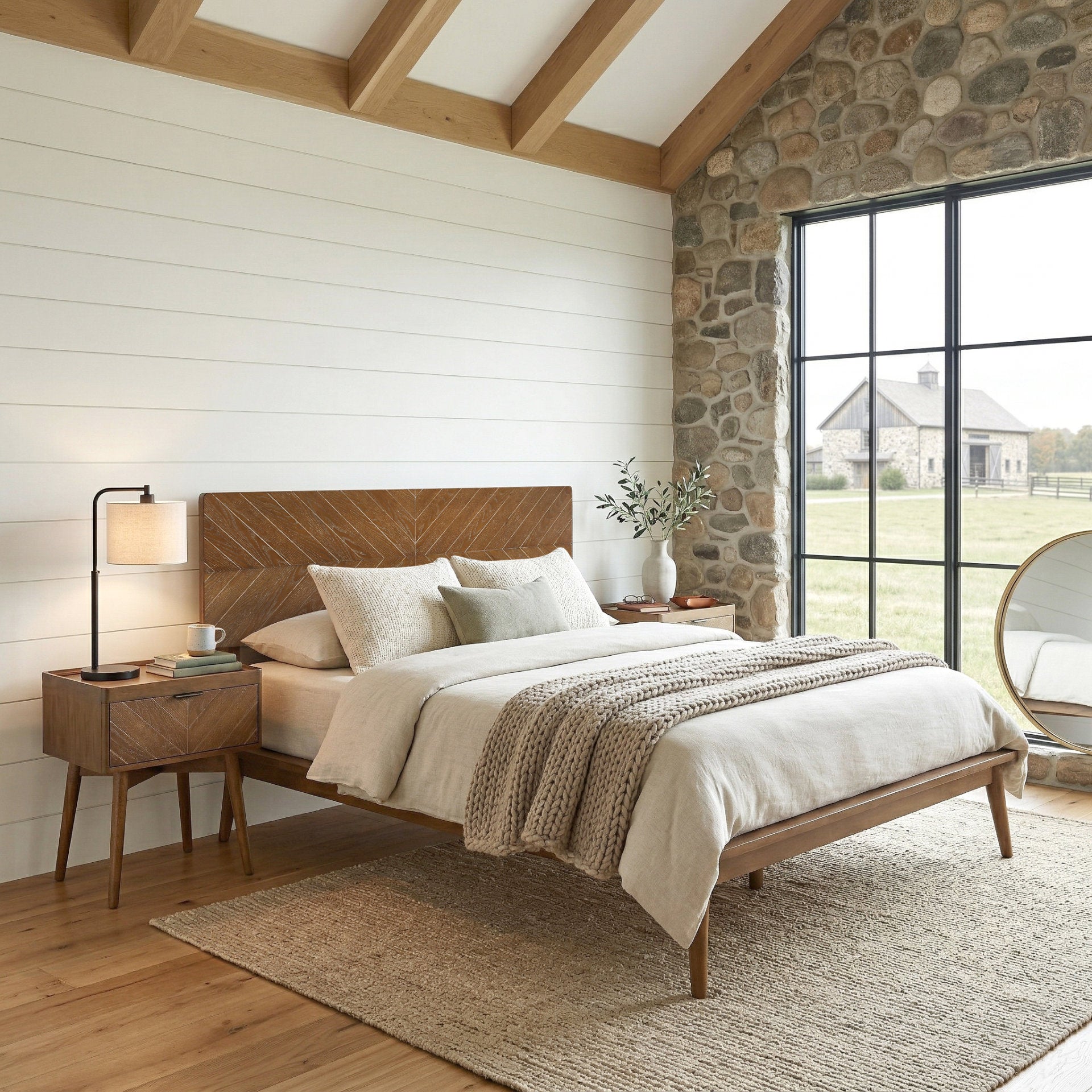 Loki Mid-Century Modern Bed Frame with Chevron-Patterned Headboard (Walnut Finish)