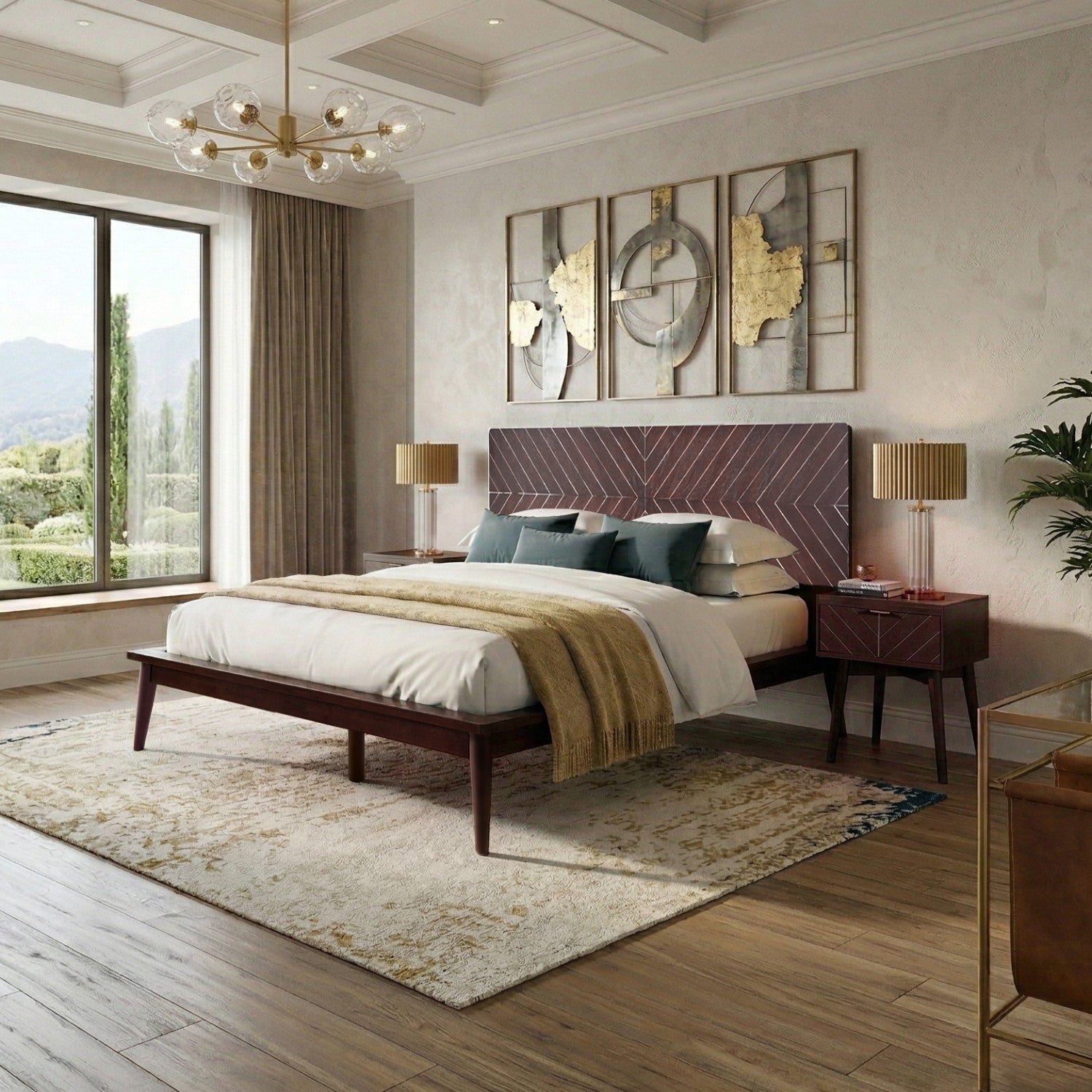 Loki Mid-Century Modern Bed Frame with Chevron-Patterned Headboard (Espresso Finish)