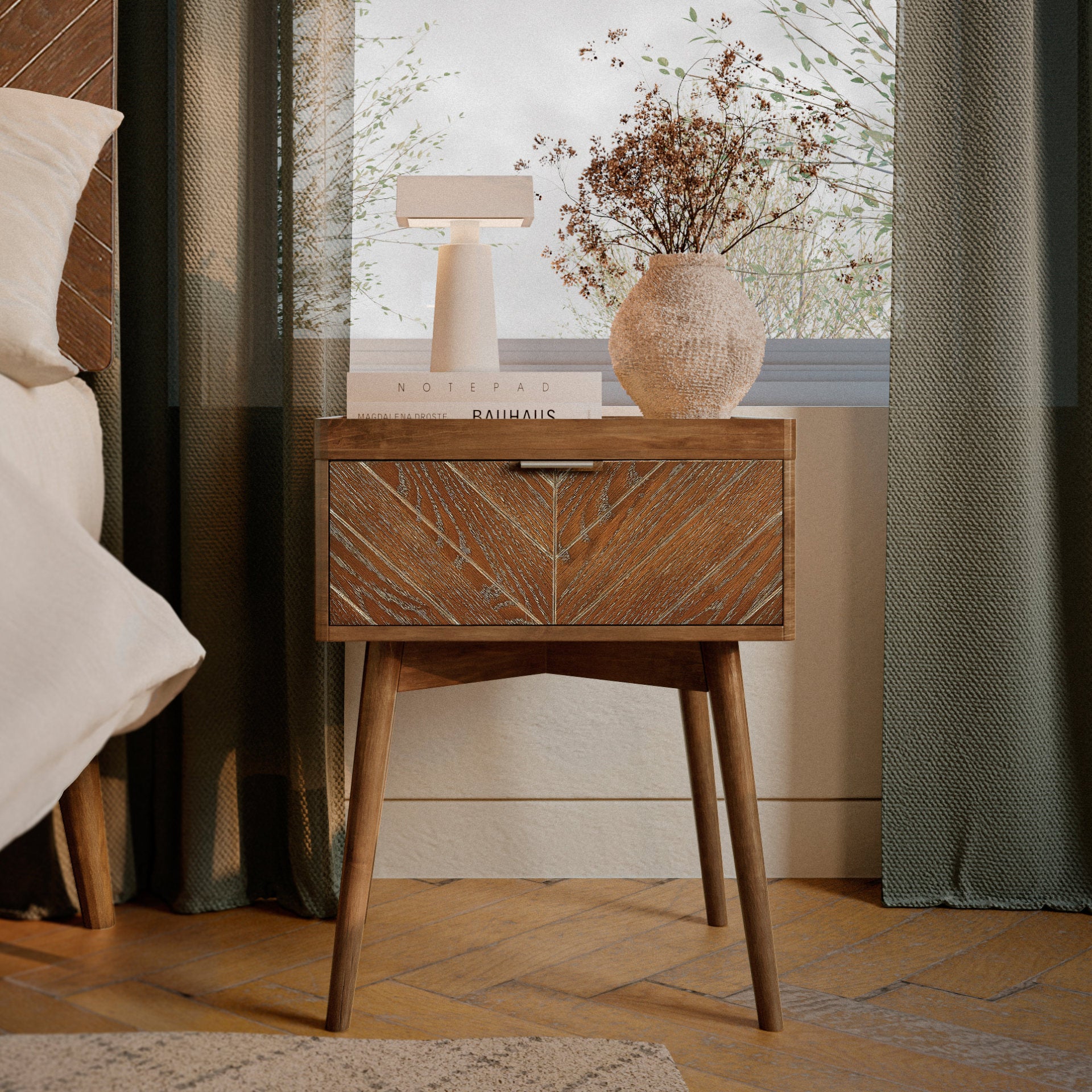 Loki Mid-Century Modern Nightstand with Chevron-Patterned Drawer (Walnut Finish)