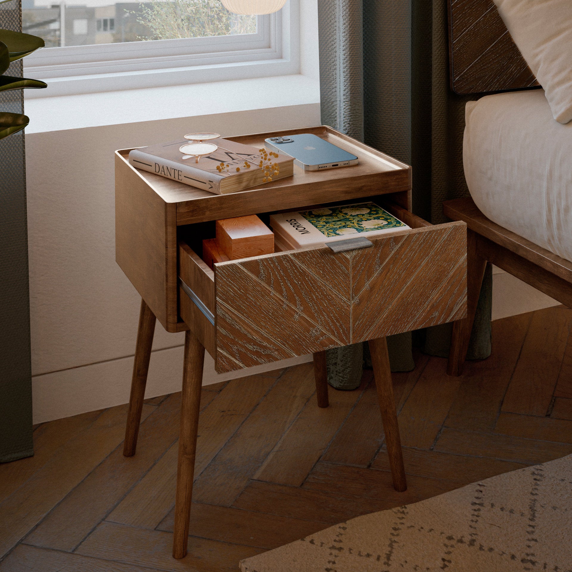 Loki Mid-Century Modern Wooden Nightstand with Chevron-Patterned Drawer (Multiple Finishes)