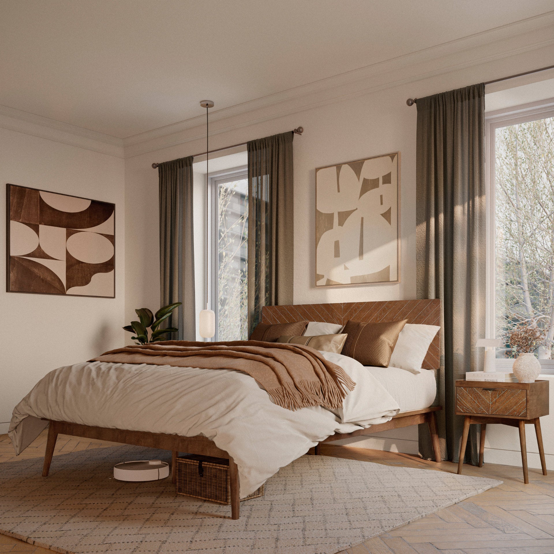 Loki MCM 3-Piece Bedroom Set, 1 Bed Frame & 2 Nightstands (Multiple Finishes)