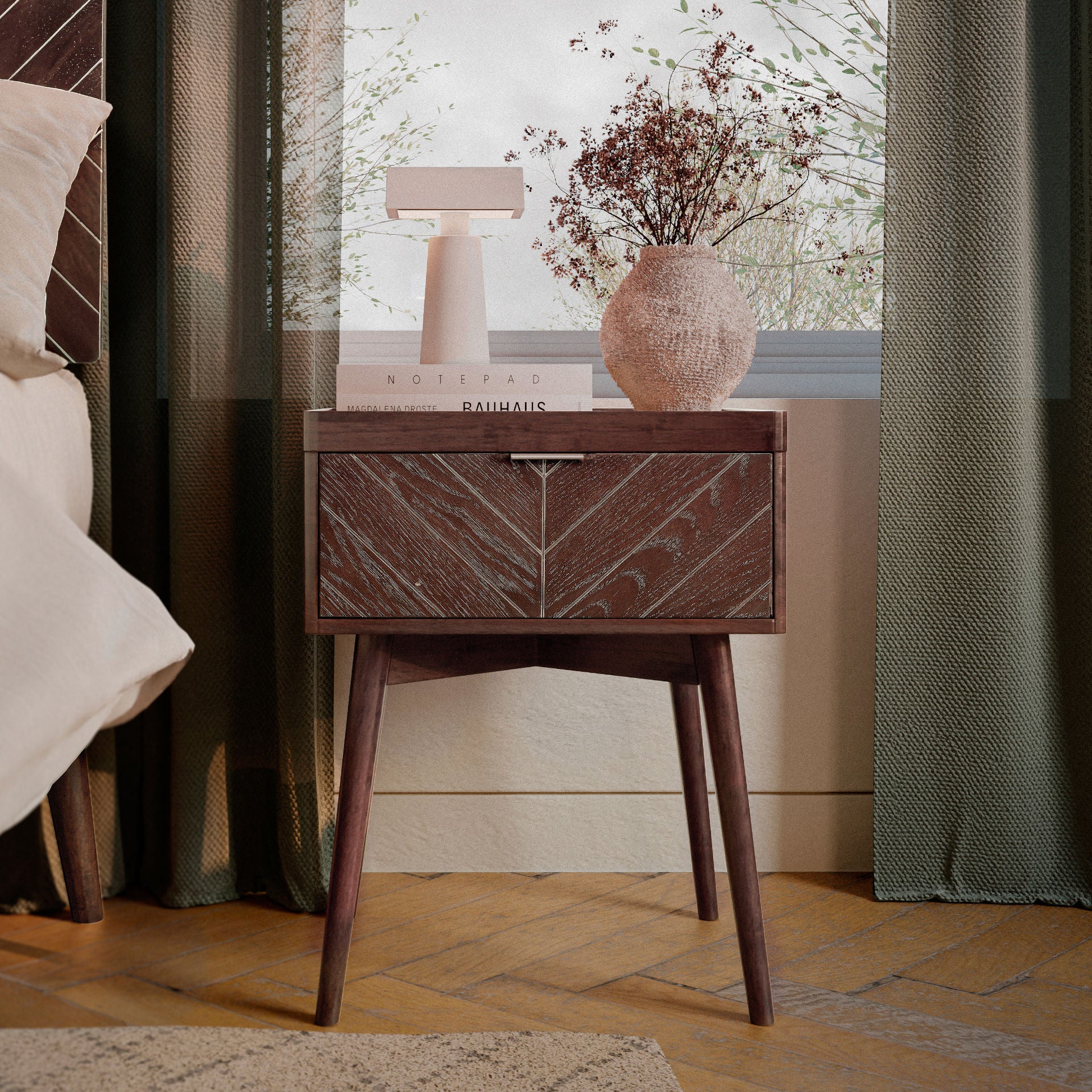 Loki Mid-Century Modern Nightstand with Chevron-Patterned Drawer (Espresso Finish)