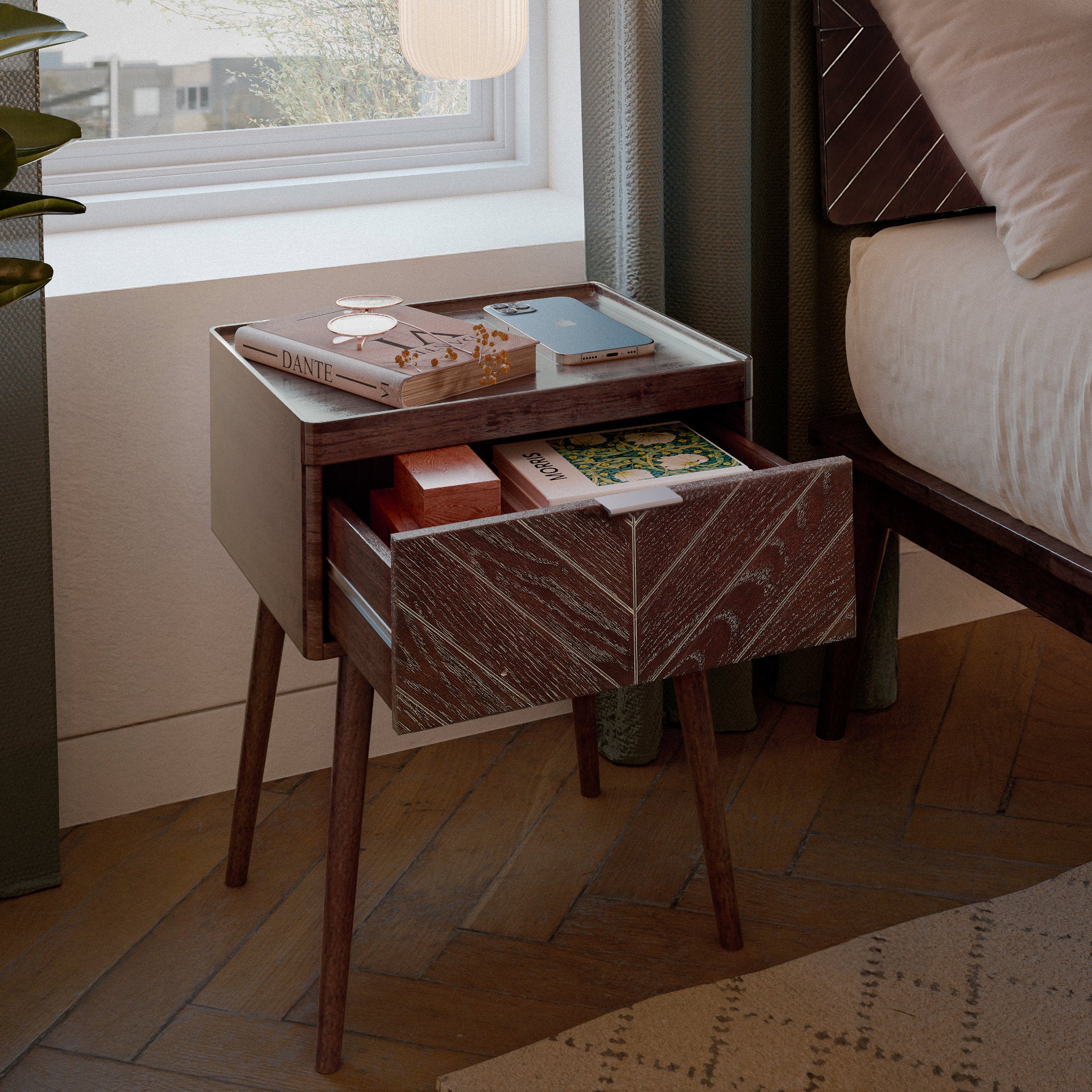 Loki Mid-Century Modern Nightstand with Chevron-Patterned Drawer (Espresso Finish)