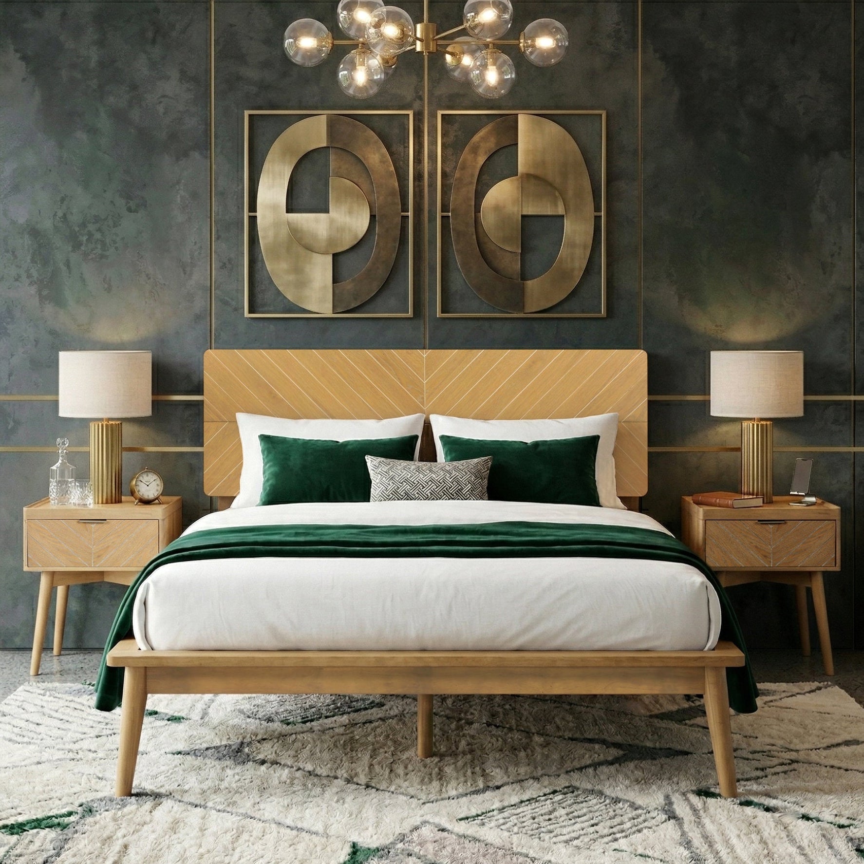 loki bed frame chevron headboard. Mid-century modern bedroom with wooden bed, green and white bedding, and decorative wall art.