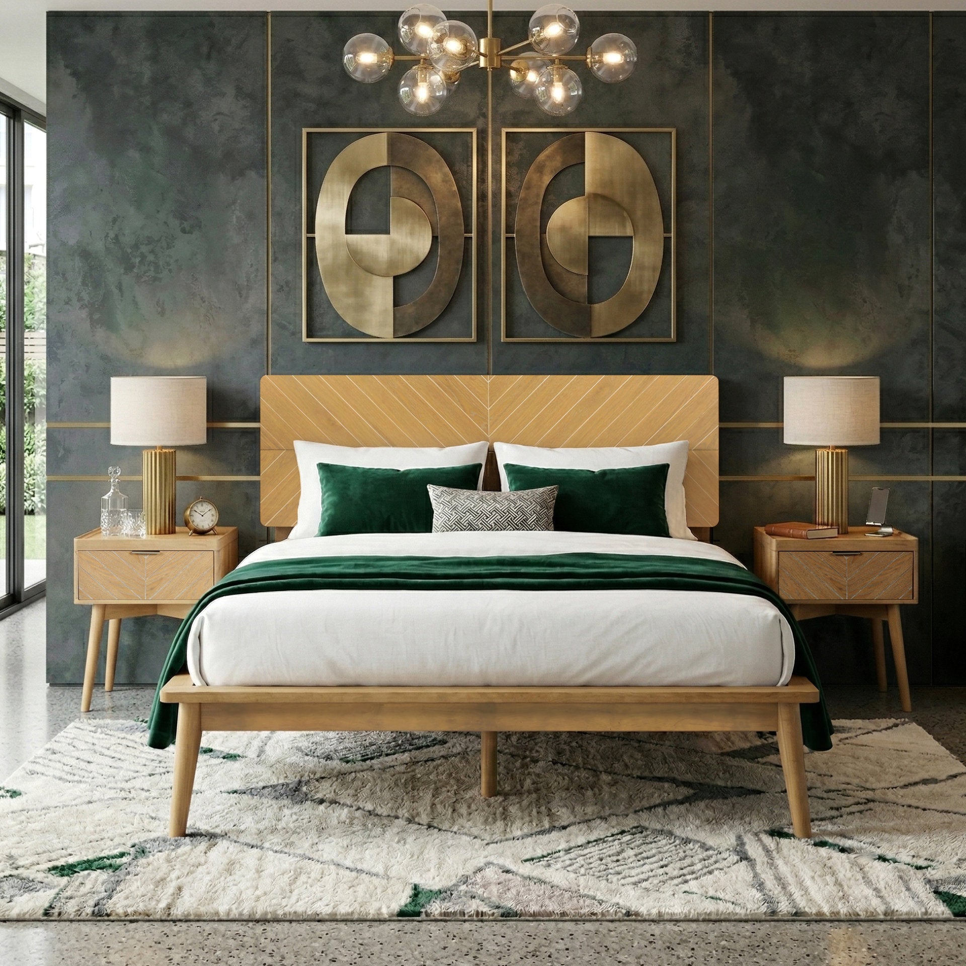 Loki Mid-Century Modern Bed Frame with Chevron-Patterned Headboard (Multiple Finishes)