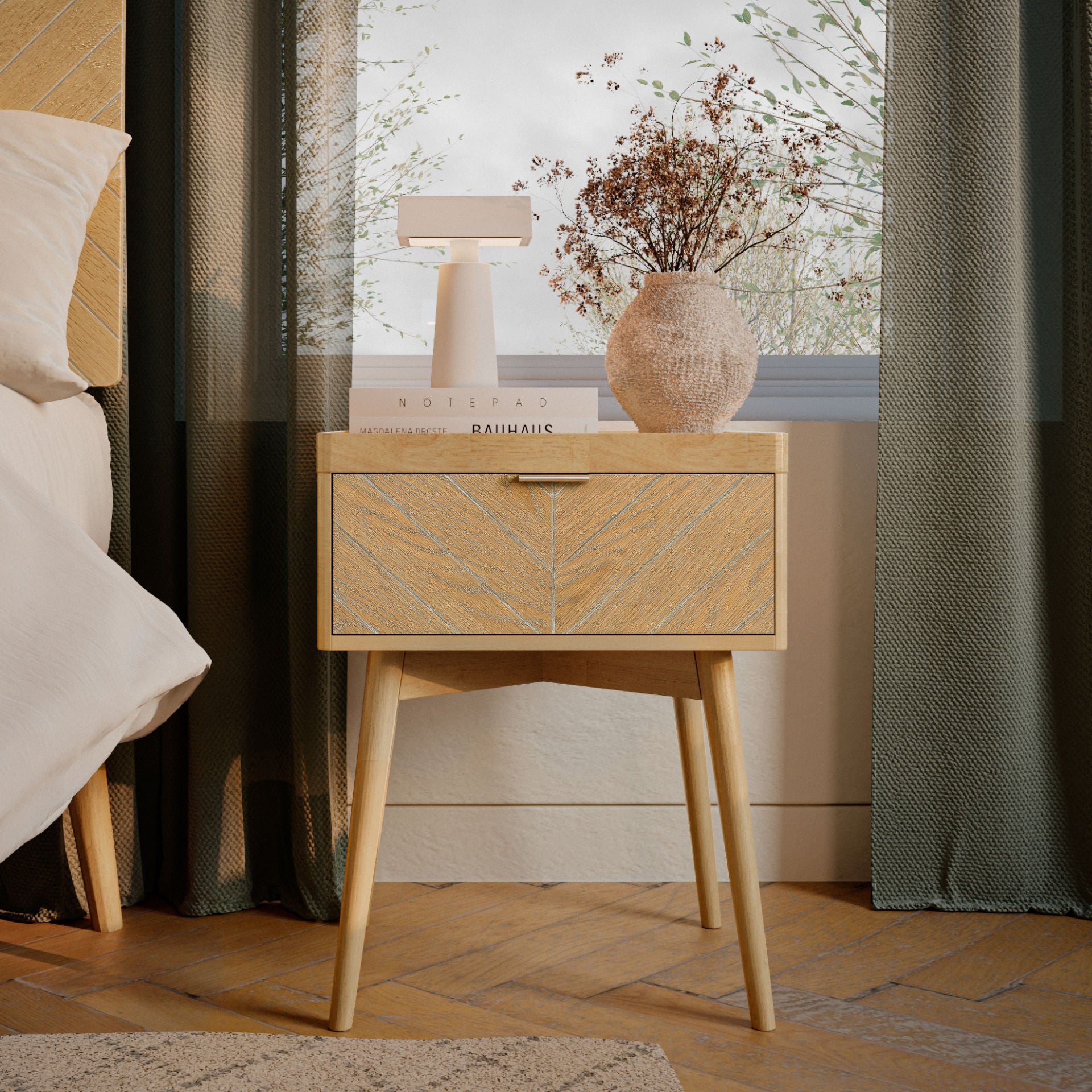 Loki Mid-Century Modern Nightstand with Chevron-Patterned Drawer (Light Oak Finish)