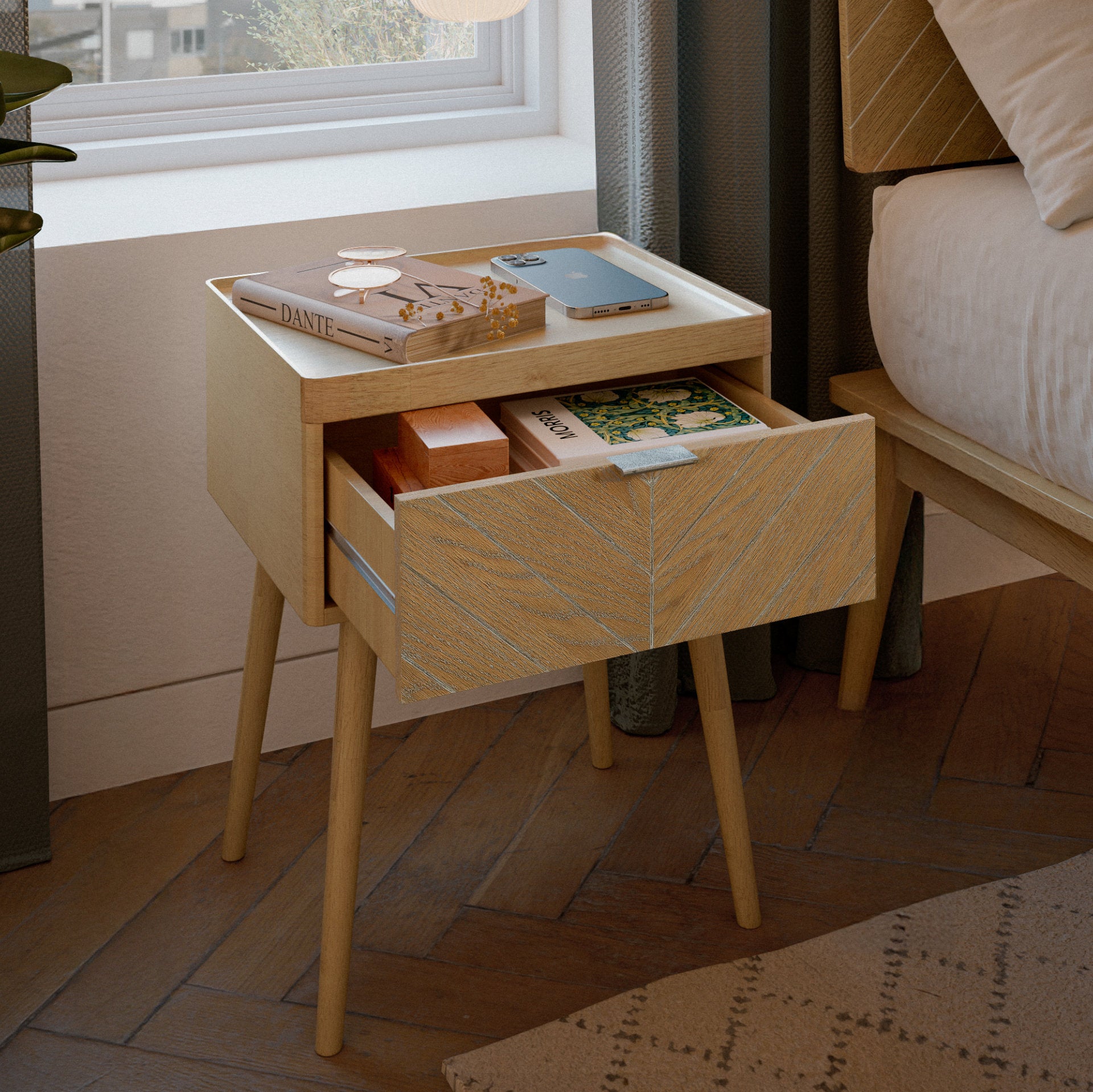 Loki Mid-Century Modern Wooden Nightstand with Chevron-Patterned Drawer (Multiple Finishes)