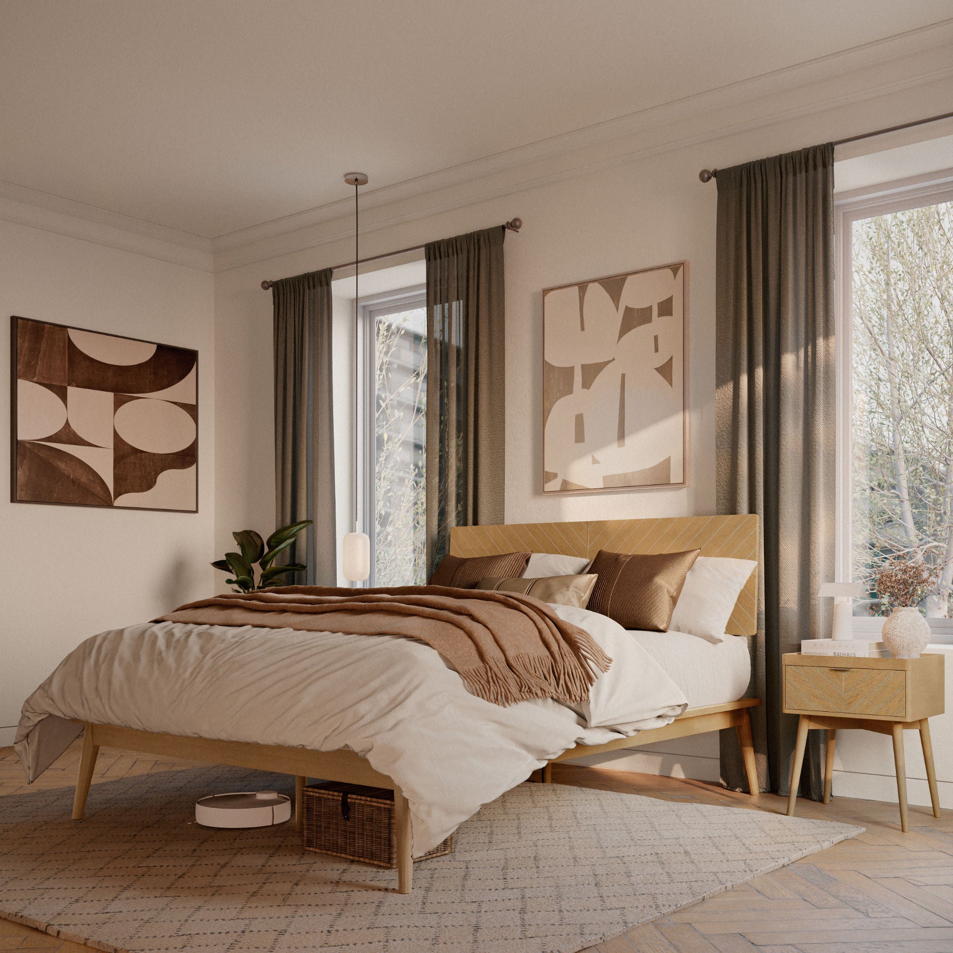 Loki MCM 3-Piece Bedroom Set, 1 Bed Frame & 2 Nightstands (Multiple Finishes)